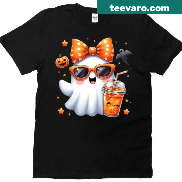 Cute cartoon ghost wearing sunglasses, orange bow, and holding juice