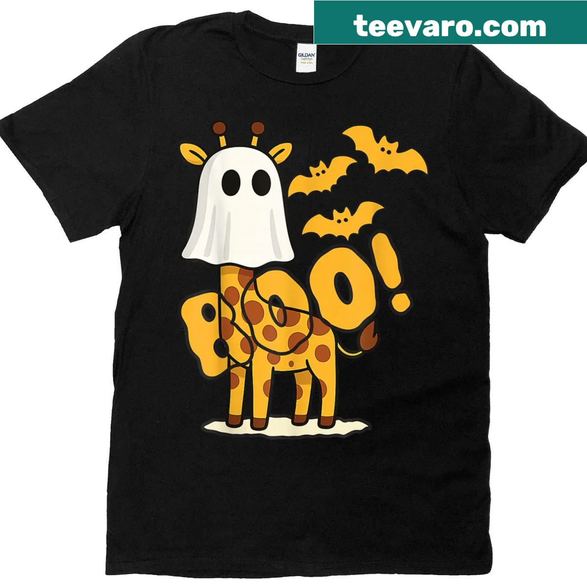 Cute giraffe ghost with spooky bats printed design for kids' Halloween shirt — on a men's t-shirt
