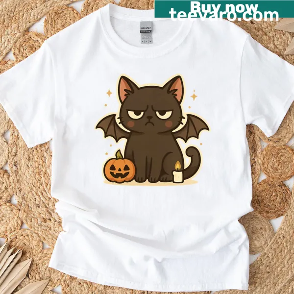Halloween-themed T-shirt with a grumpy bat cat illustration