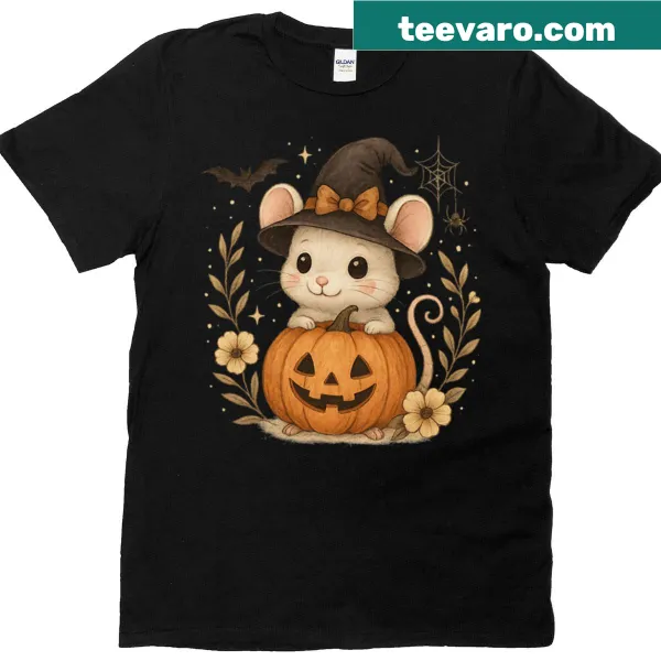Adorable mouse in witch hat next to pumpkin design for Halloween