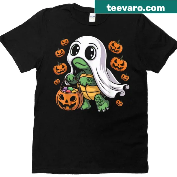 Adorable turtle ghost with candy design for kids' Halloween T-shirt.
