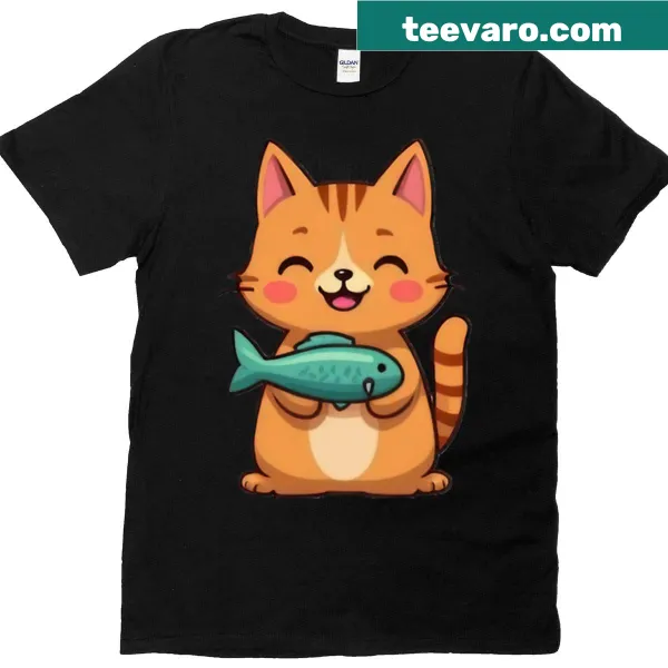 Kawaii cat t-shirt with a graphic of a cat holding a fish