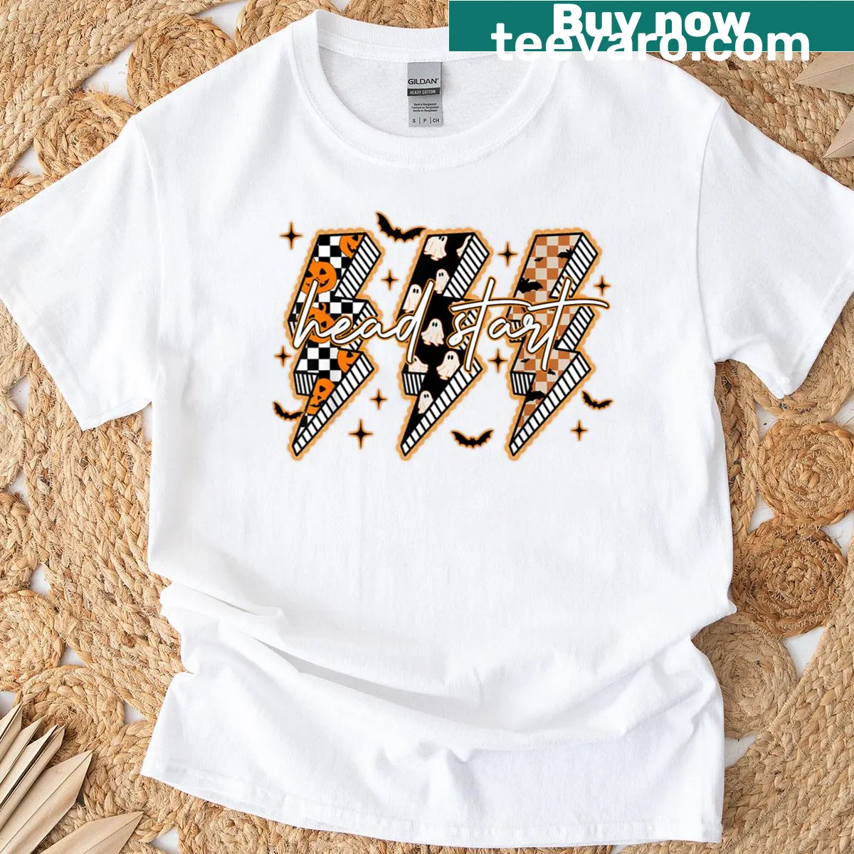 Cute Halloween t-shirt with ghost and pumpkin design — on a men's t-shirt