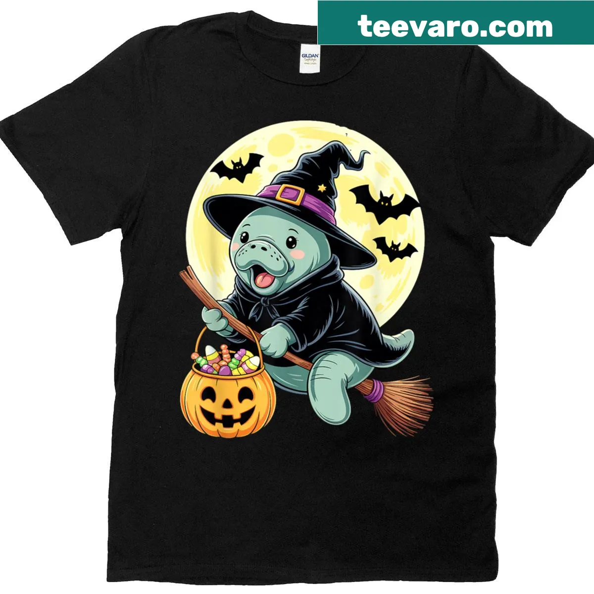 Cute manatee witch with pumpkin design for Halloween T-shirt. — on a men's t-shirt
