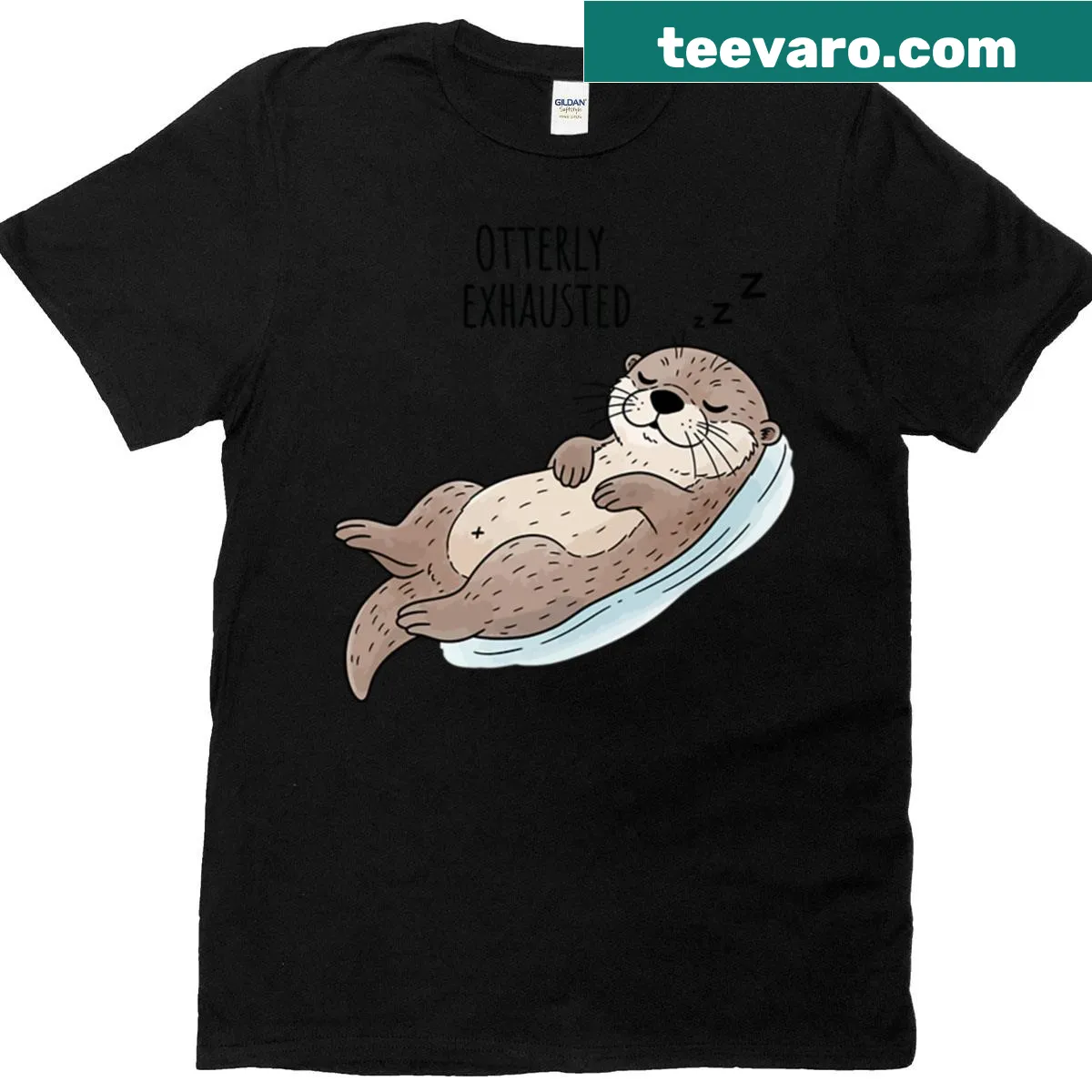 Cartoon otter graphic with the text 'Otterly Exhausted' — on a men's t-shirt