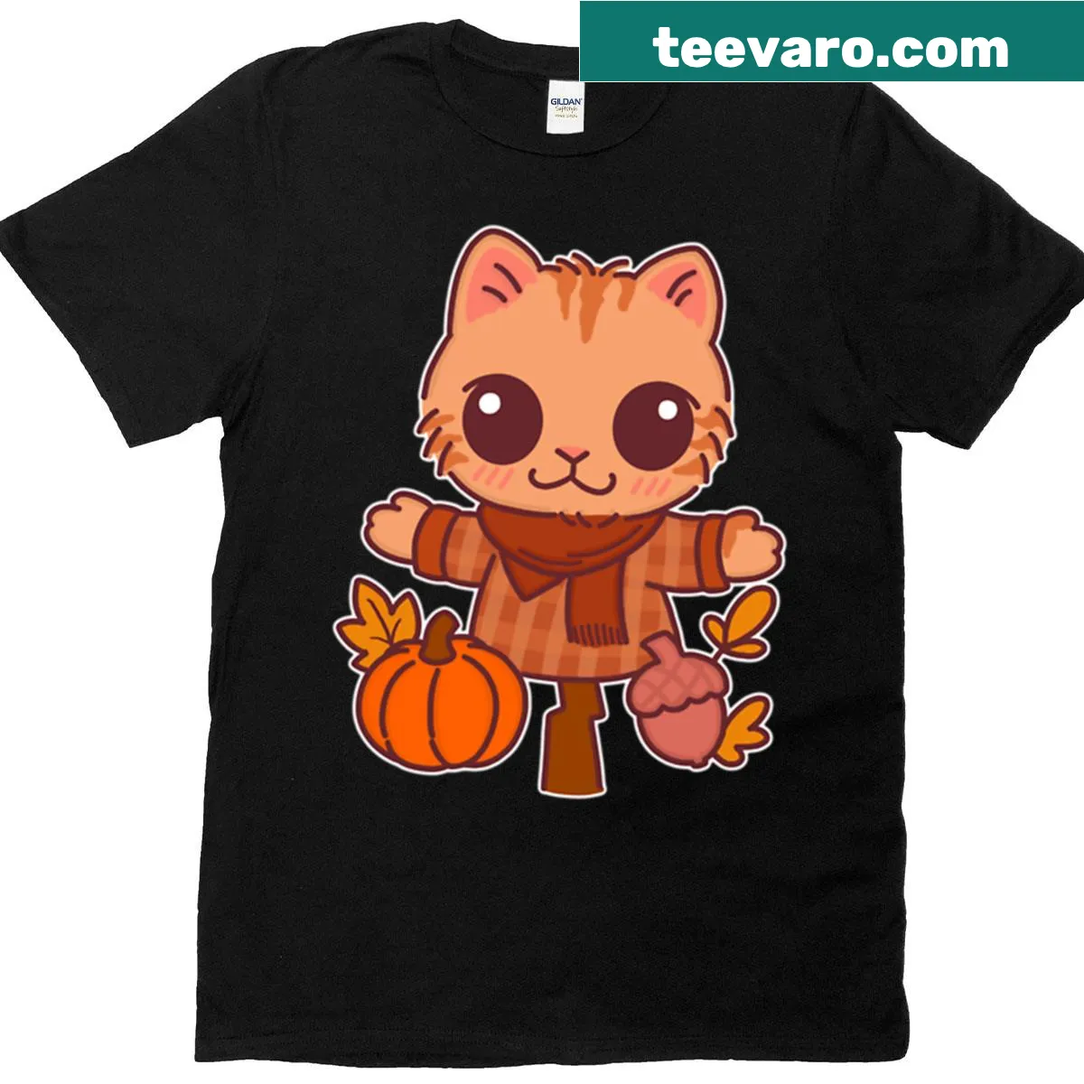Kawaii scarecrow cat with pumpkin design — on a men's t-shirt