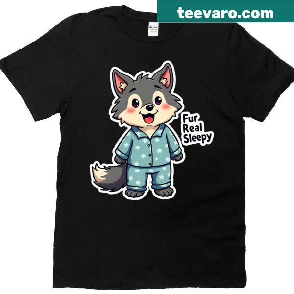 Oversized t-shirt with a cute sleepy wolf cartoon design
