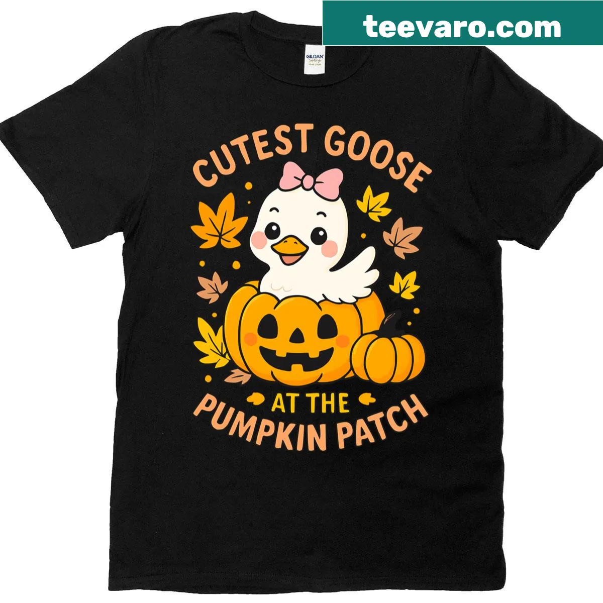 Kawaii T-shirt featuring a cute goose with pumpkins for fall — on a men's t-shirt