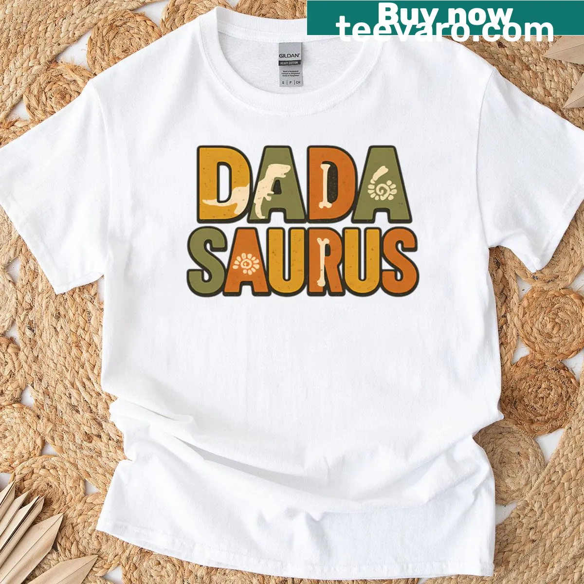 Funny 'Daddy Saurus' dinosaur dad t-shirt design — on a men's t-shirt