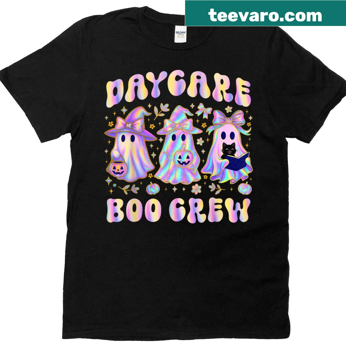 Cute t-shirt with a floral ghost cat design for Halloween — on a men's t-shirt