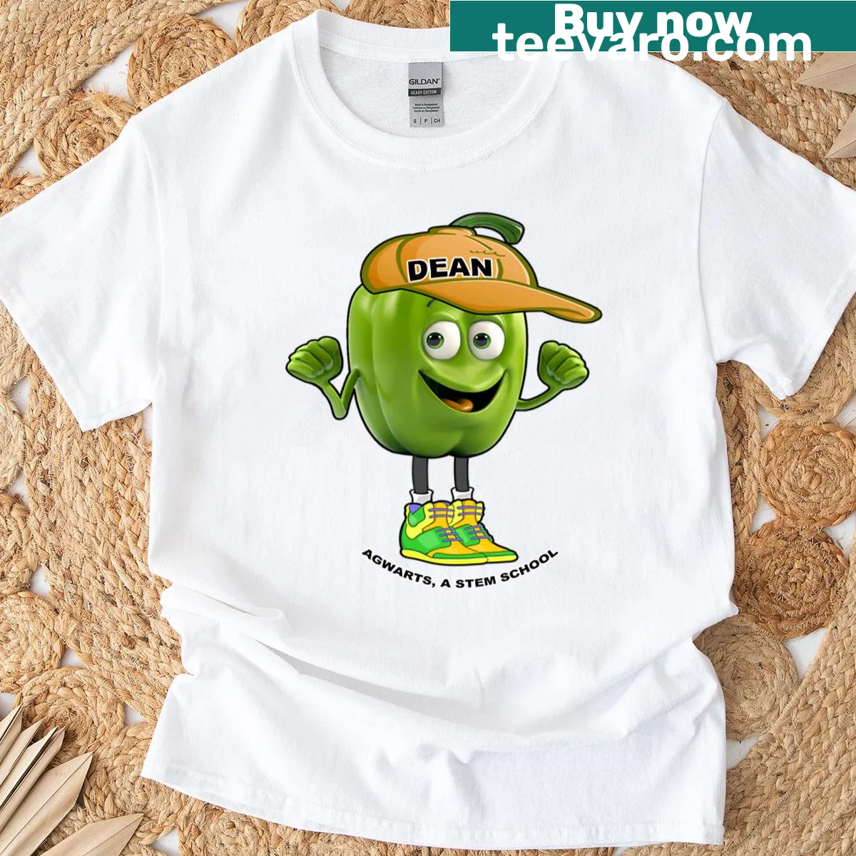 Typography T-shirt featuring 'Dean Green Pepper' text design — on a men's t-shirt