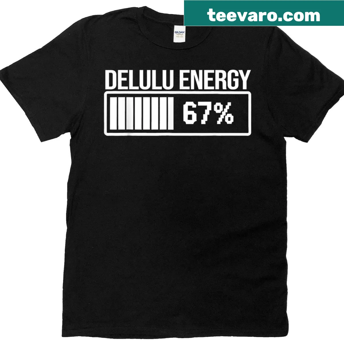 Funny text graphic saying 'Delulu Energy At 67' on T-shirt — on a men's t-shirt