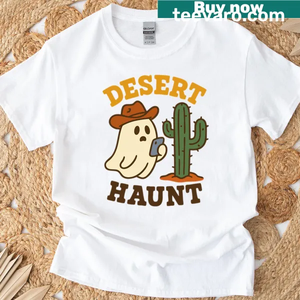 Cartoon ghost cowboy riding a cactus in a Halloween-themed t-shirt