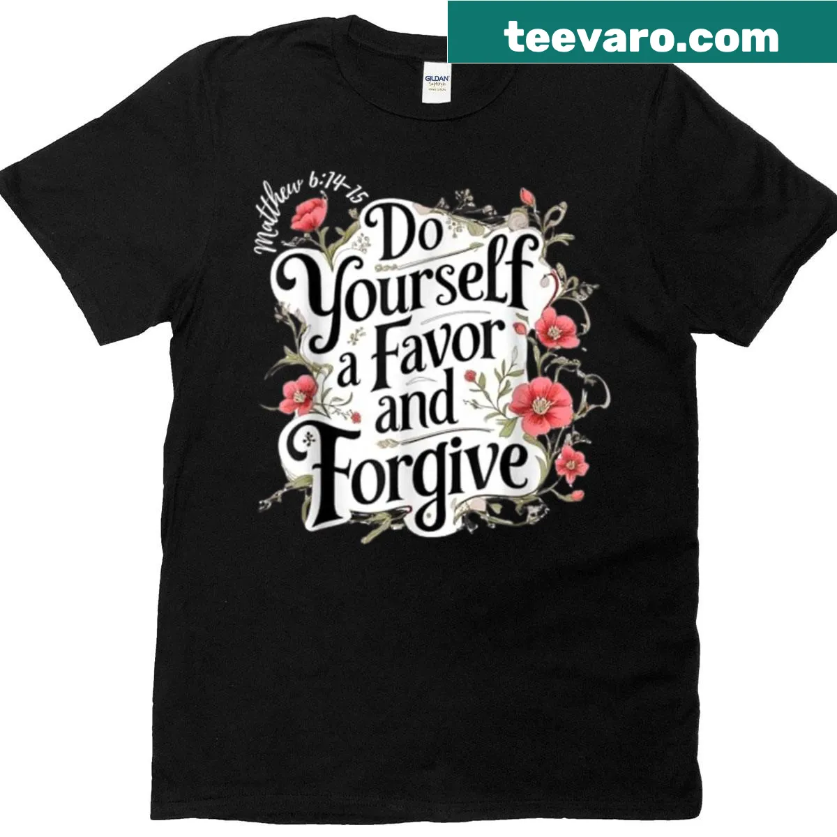 T-shirt featuring a Bible verse about forgiveness in simple typography — on a men's t-shirt
