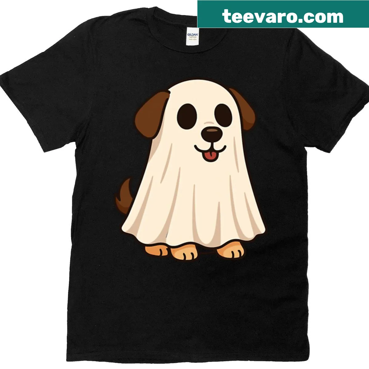 Oversized T-shirt featuring a cute dog ghost for Halloween — on a men's t-shirt