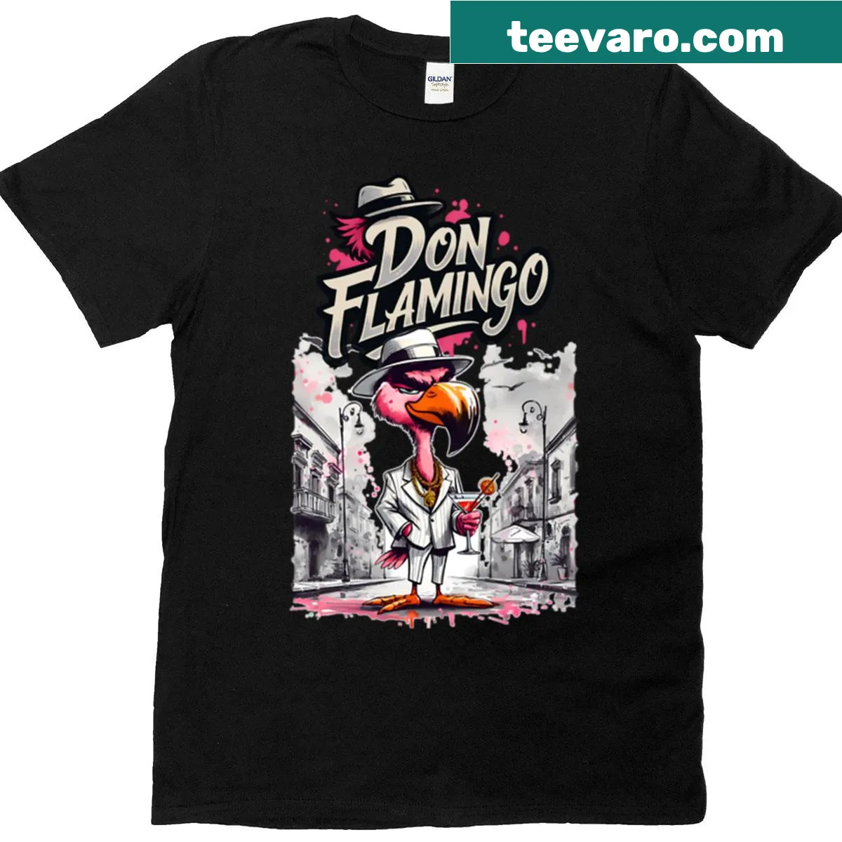 Cartoon flamingo in a fedora with 'Don Flamingo Mafia' text — on a men's t-shirt