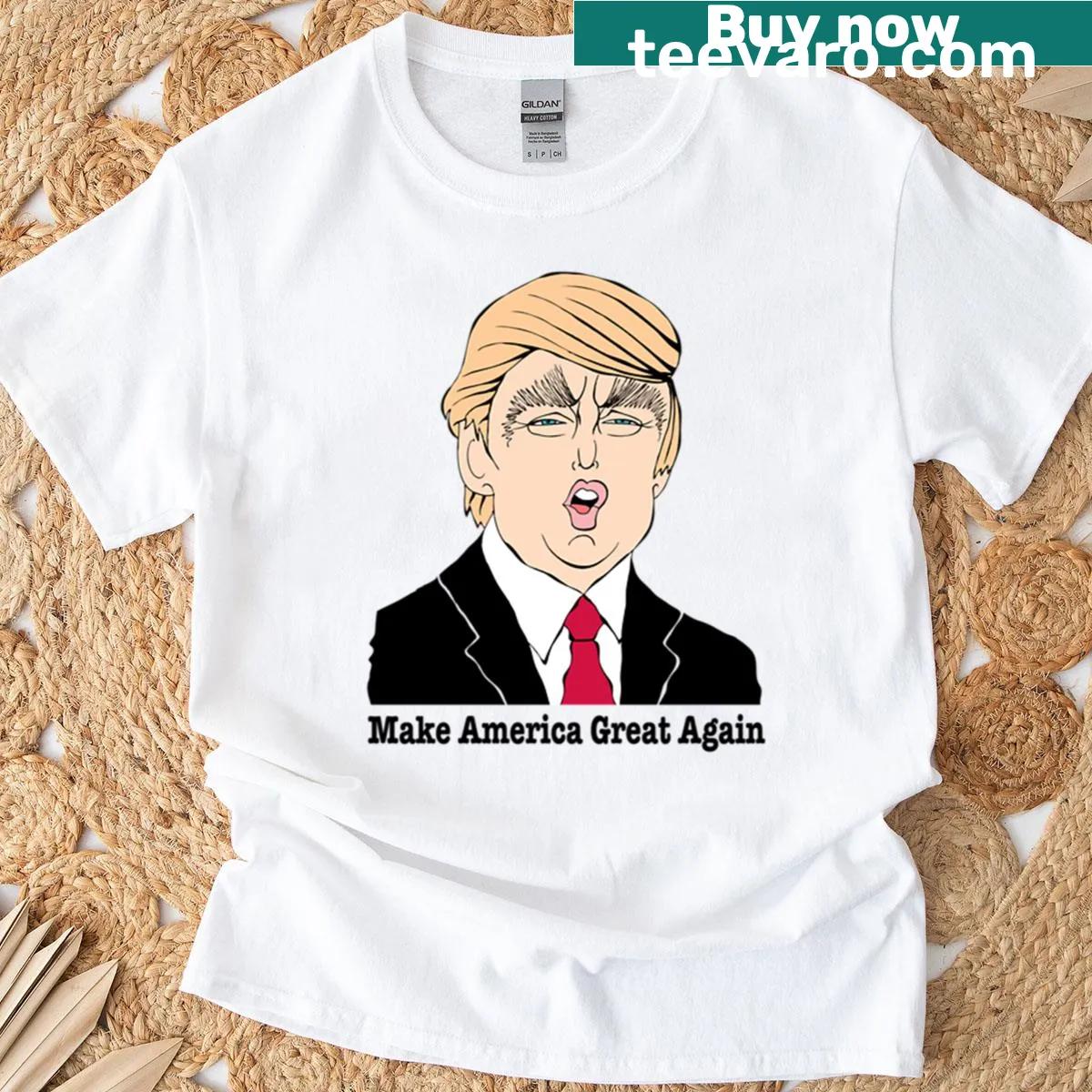Caricature of Donald Trump on humorous fan art T-shirt — on a men's t-shirt