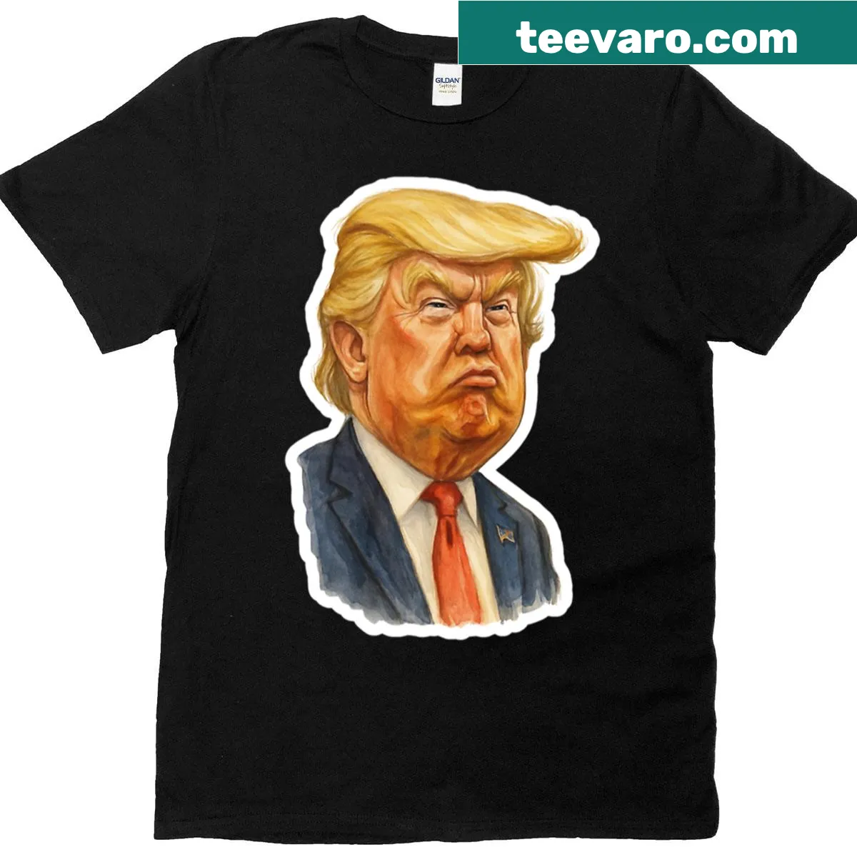 Pop art style T-shirt featuring a sticker design of Donald Trump — on a men's t-shirt
