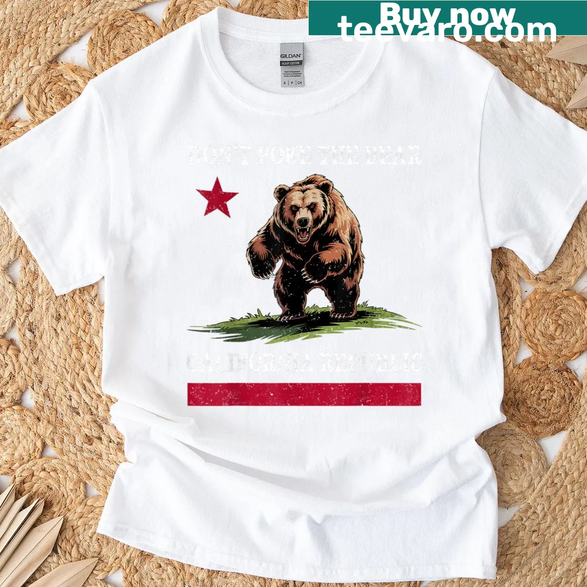 Playful t-shirt featuring the phrase 'Don't Poke The Bear' with California Republic design. — on a men's t-shirt