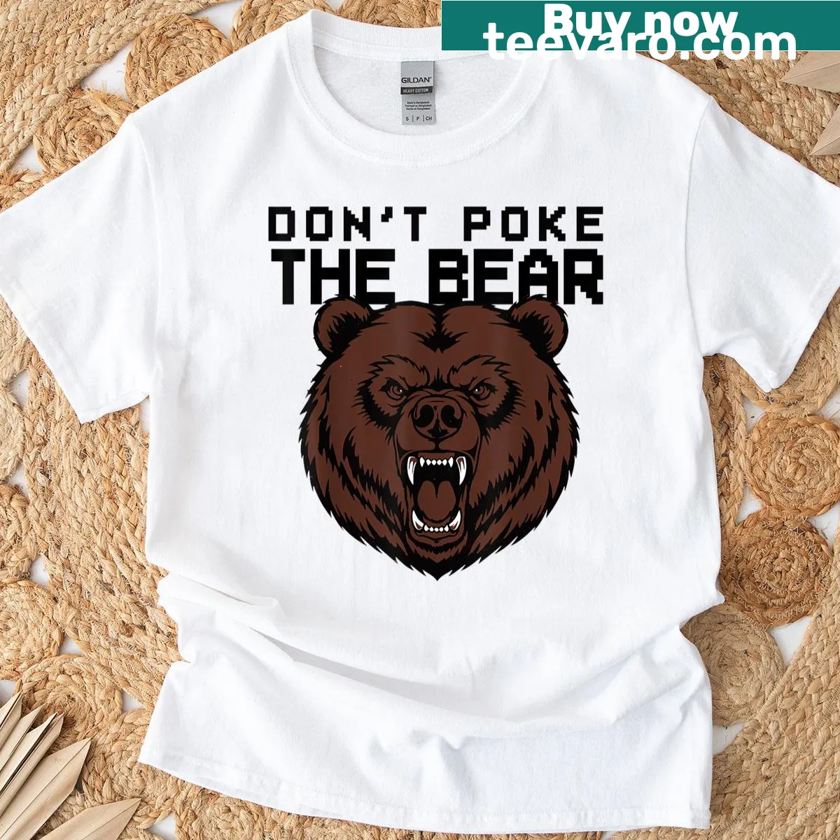 Grizzly bear graphic t-shirt with the phrase 'Dont Poke The Bear' — on a men's t-shirt