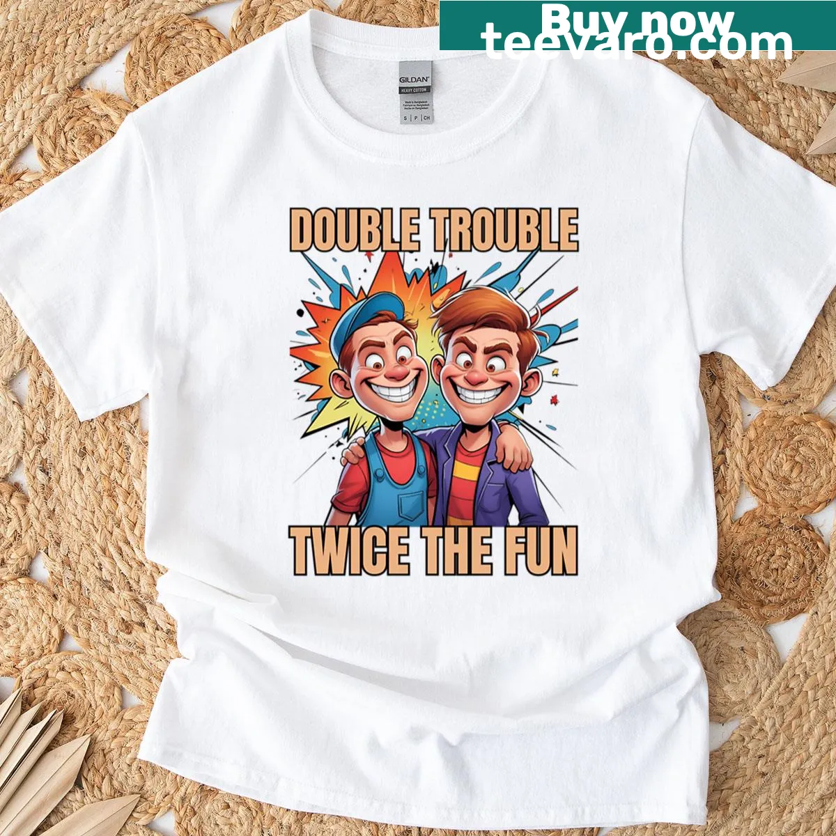 Oversized t-shirt with text 'Double Trouble Twice The Fun For Proud Adults' — on a men's t-shirt