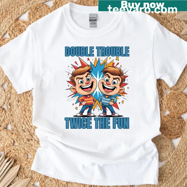 Double Trouble kids twinning t-shirt with fun typography