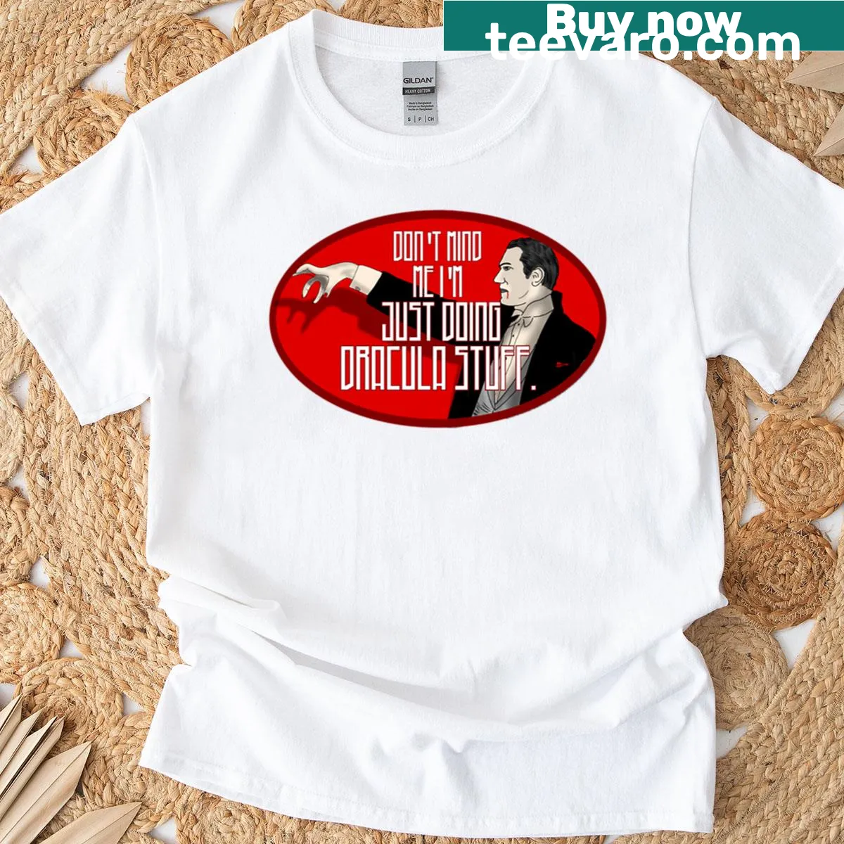 T-shirt featuring a quirky Dracula graphic and text — on a men's t-shirt