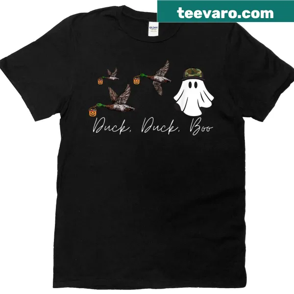Whimsical ghost boy in camo with mallard duck design on a t-shirt