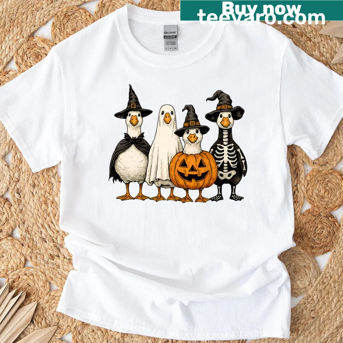 Funny Halloween T-shirt with cartoon duck ghost and skeleton — on a men's t-shirt