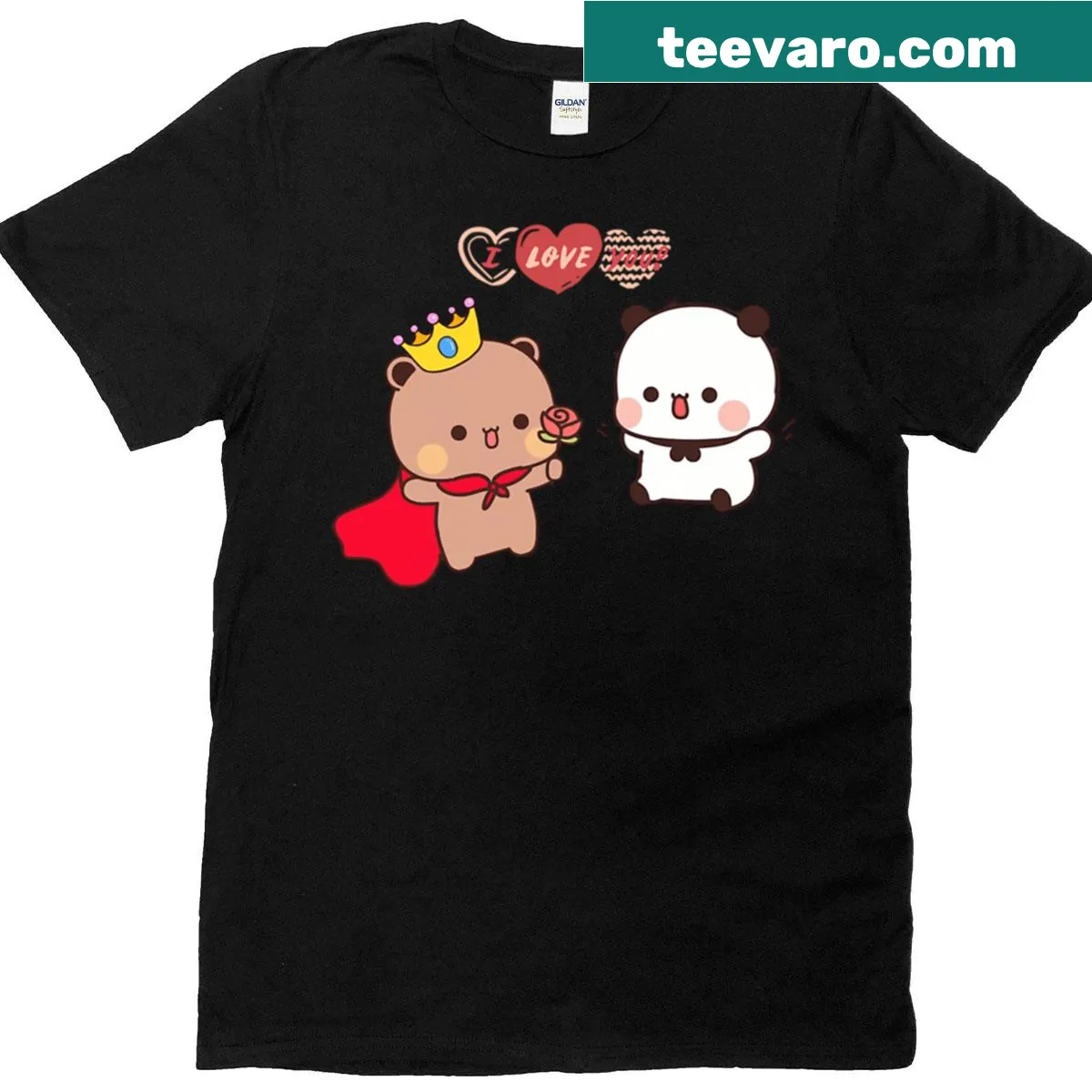 Cute illustration of Dudu giving a flower to Bubu panda bear — on a men's t-shirt
