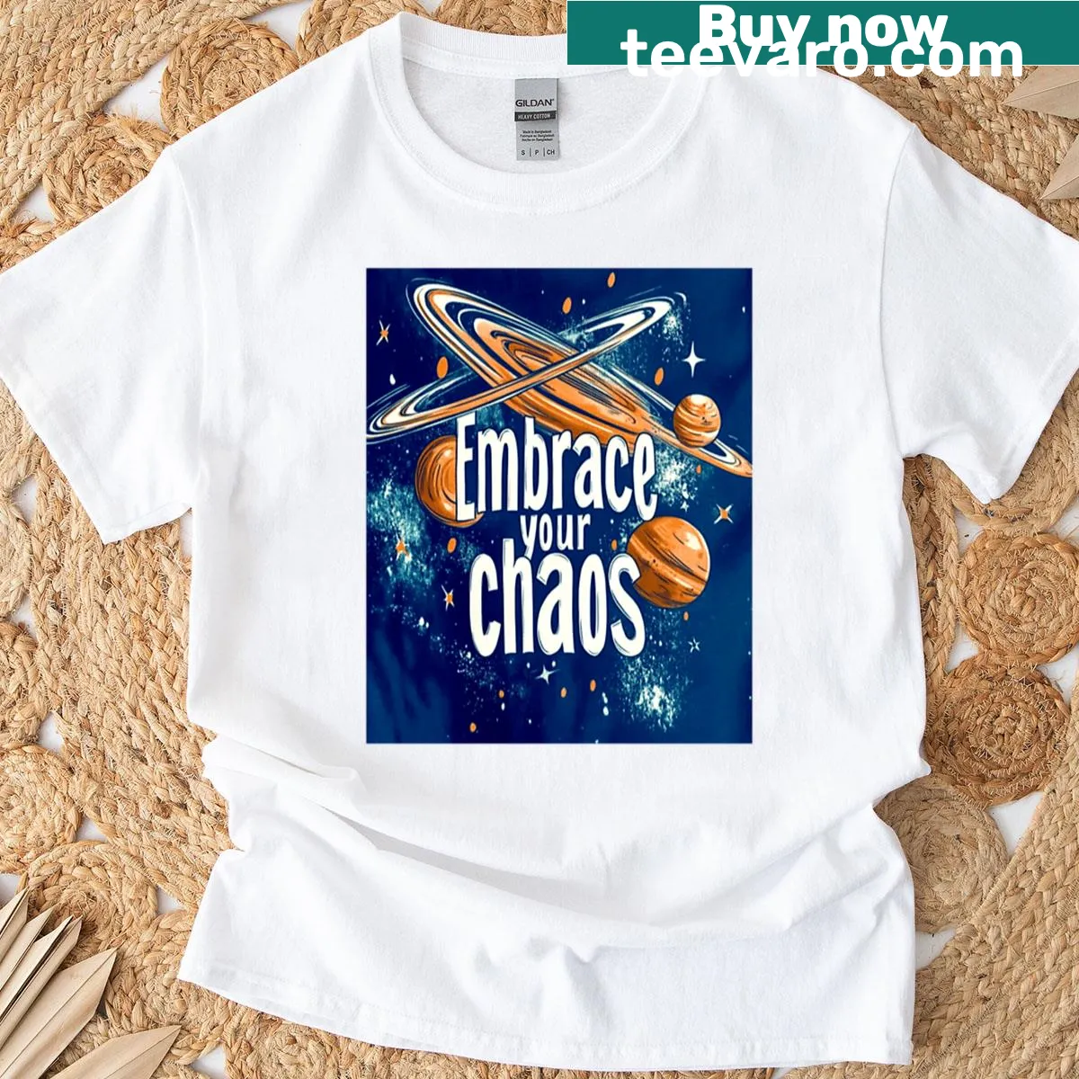 Inspirational typography with planets saying 'Embrace Your Chaos' — on a men's t-shirt