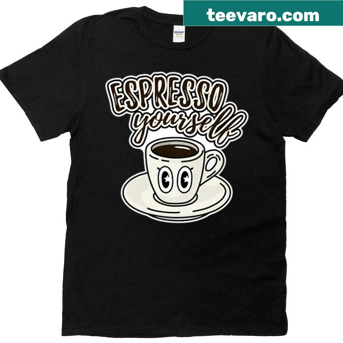 Oversized T-shirt with 'Espresso Yourself' coffee pun design — on a men's t-shirt