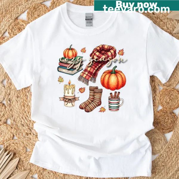 Cozy themed text celebrating fall autumn on a seasonal t-shirt
