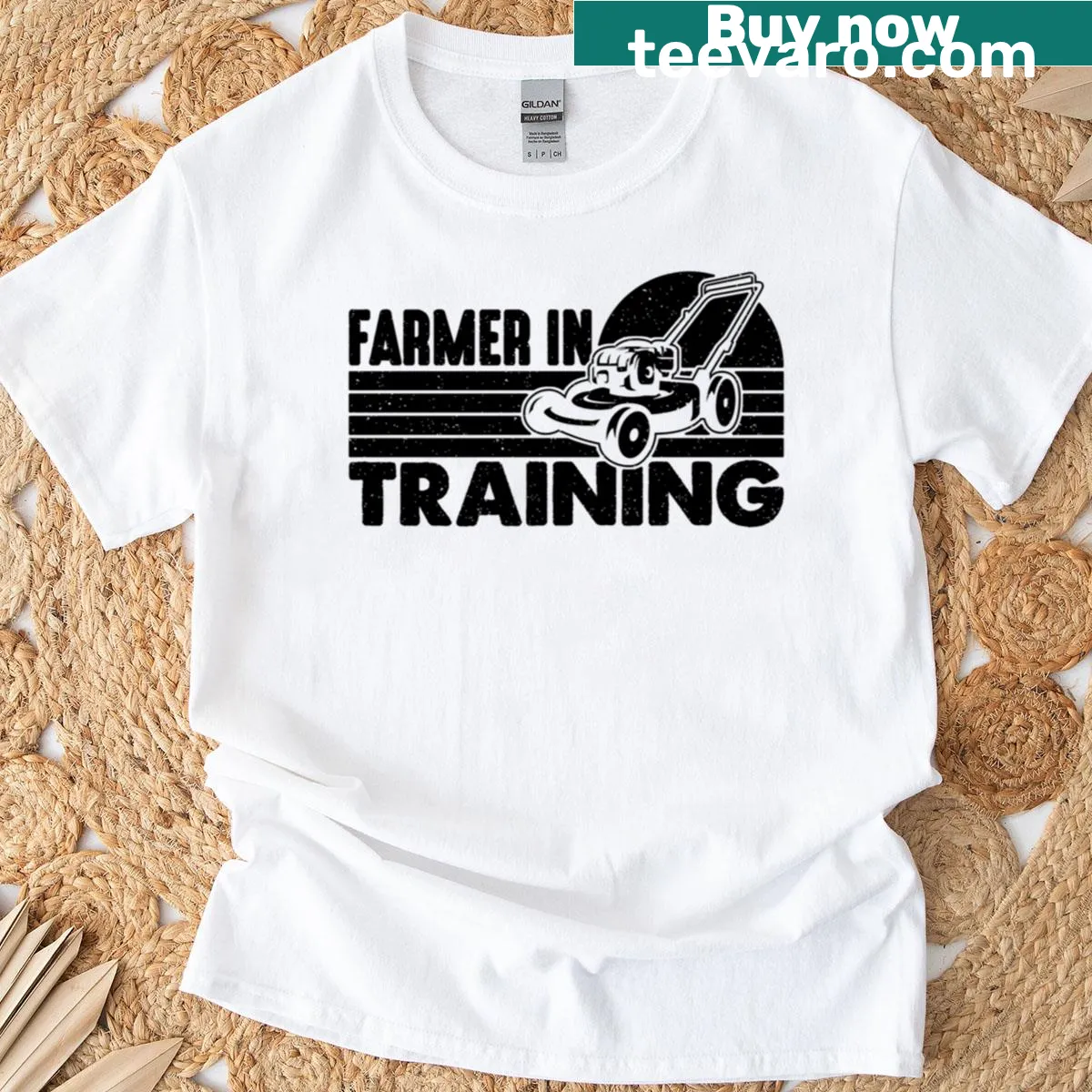 Retro farmer t-shirt with mower graphic and training slogan — on a men's t-shirt