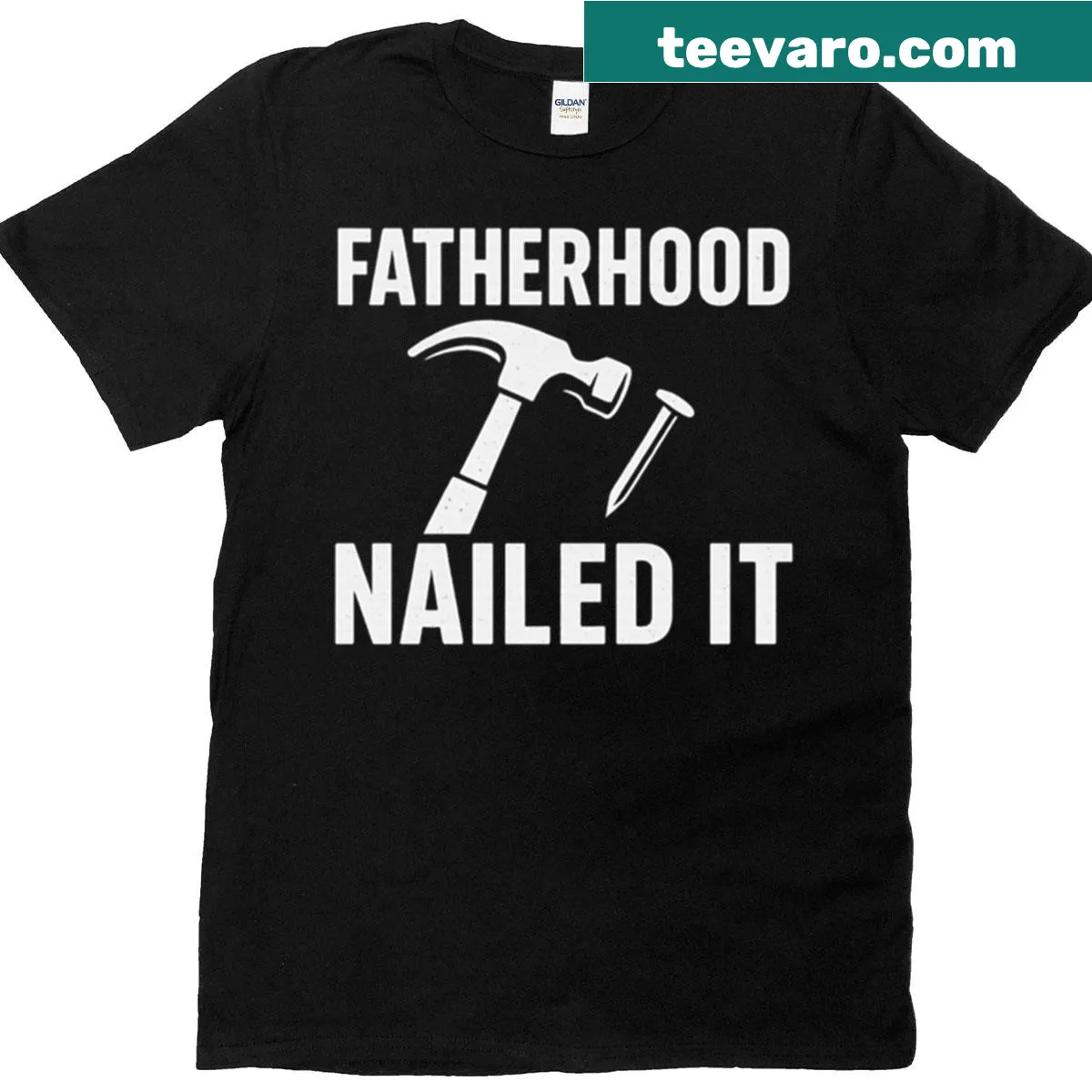 T-shirt featuring a hammer and nail design celebrating fatherhood — on a men's t-shirt