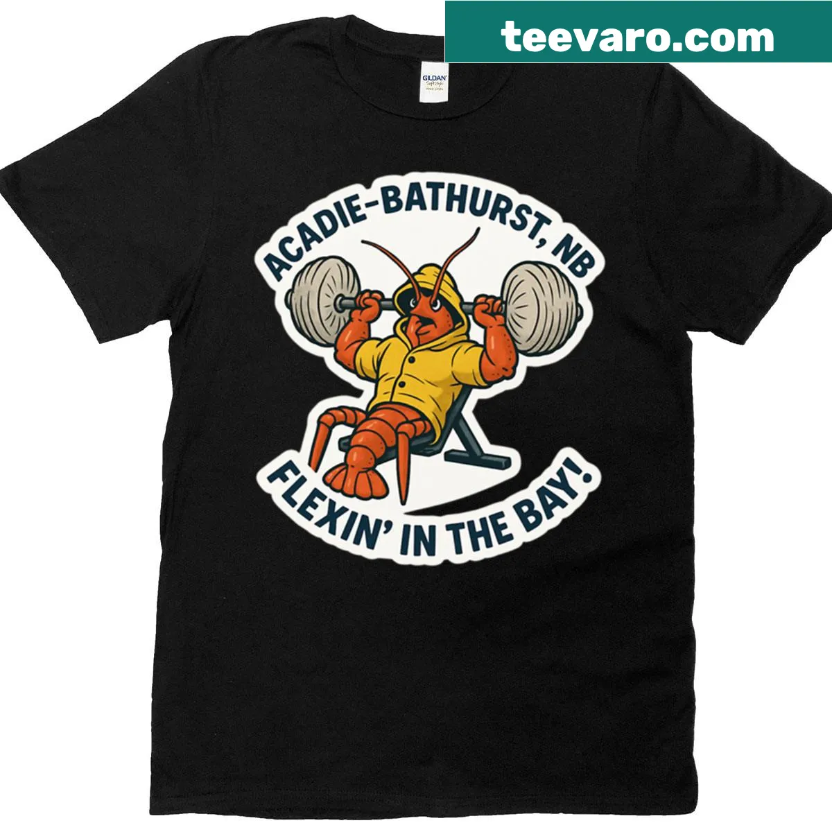 Illustration T-shirt featuring lobster and gym theme — on a men's t-shirt