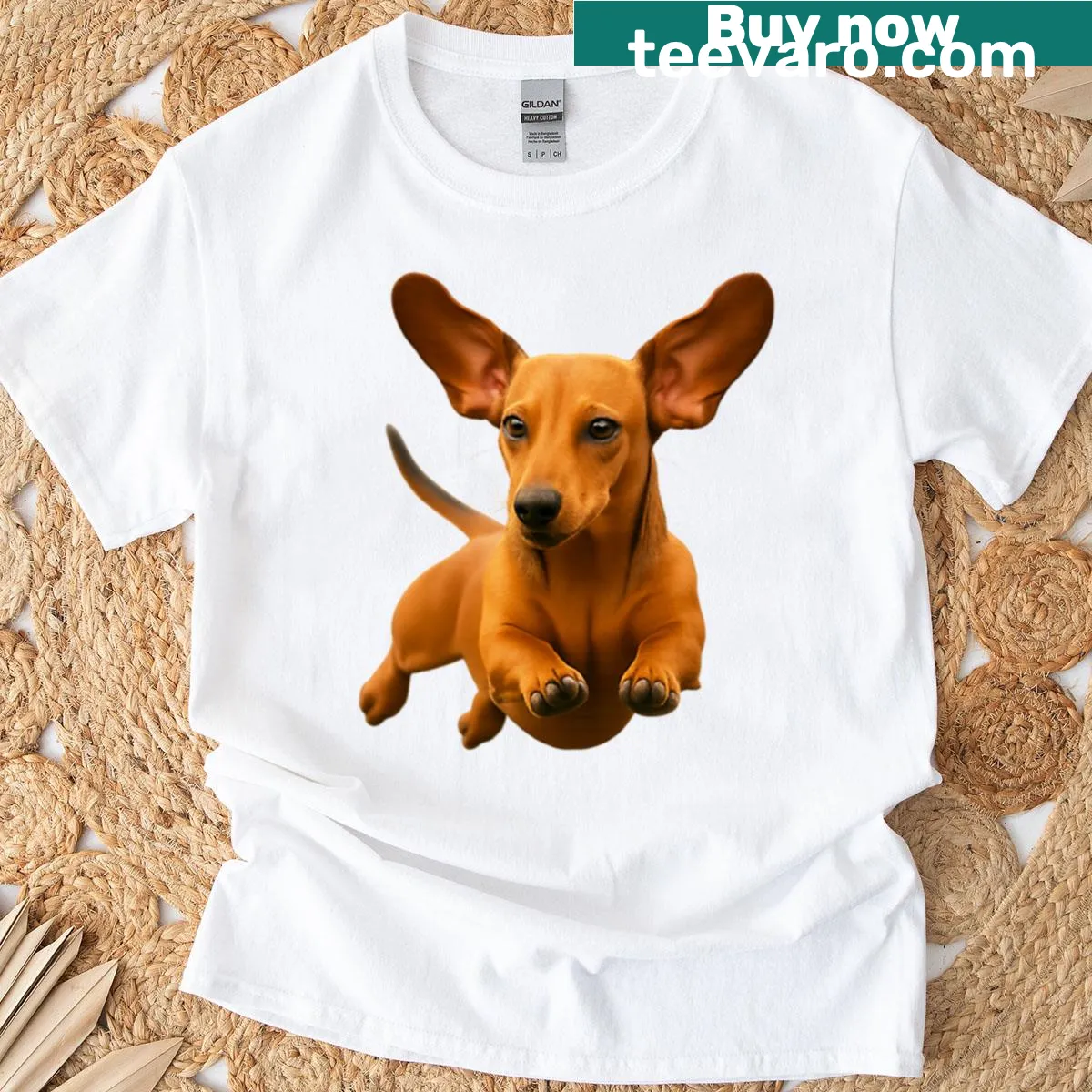 Cute t-shirt with a flying dachshund puppy illustration. — on a men's t-shirt