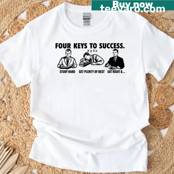 Typographic T-shirt with 'Four Keys To Success' inspirational text.
