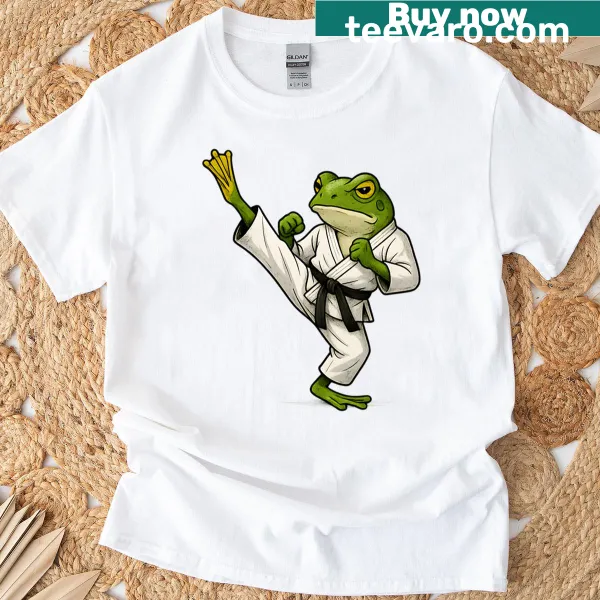 Illustration of a frog in a karate pose on a shirt.