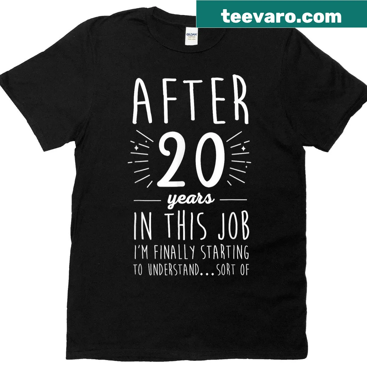 T-shirt celebrating 20 years of work with a humorous design — on a men's t-shirt