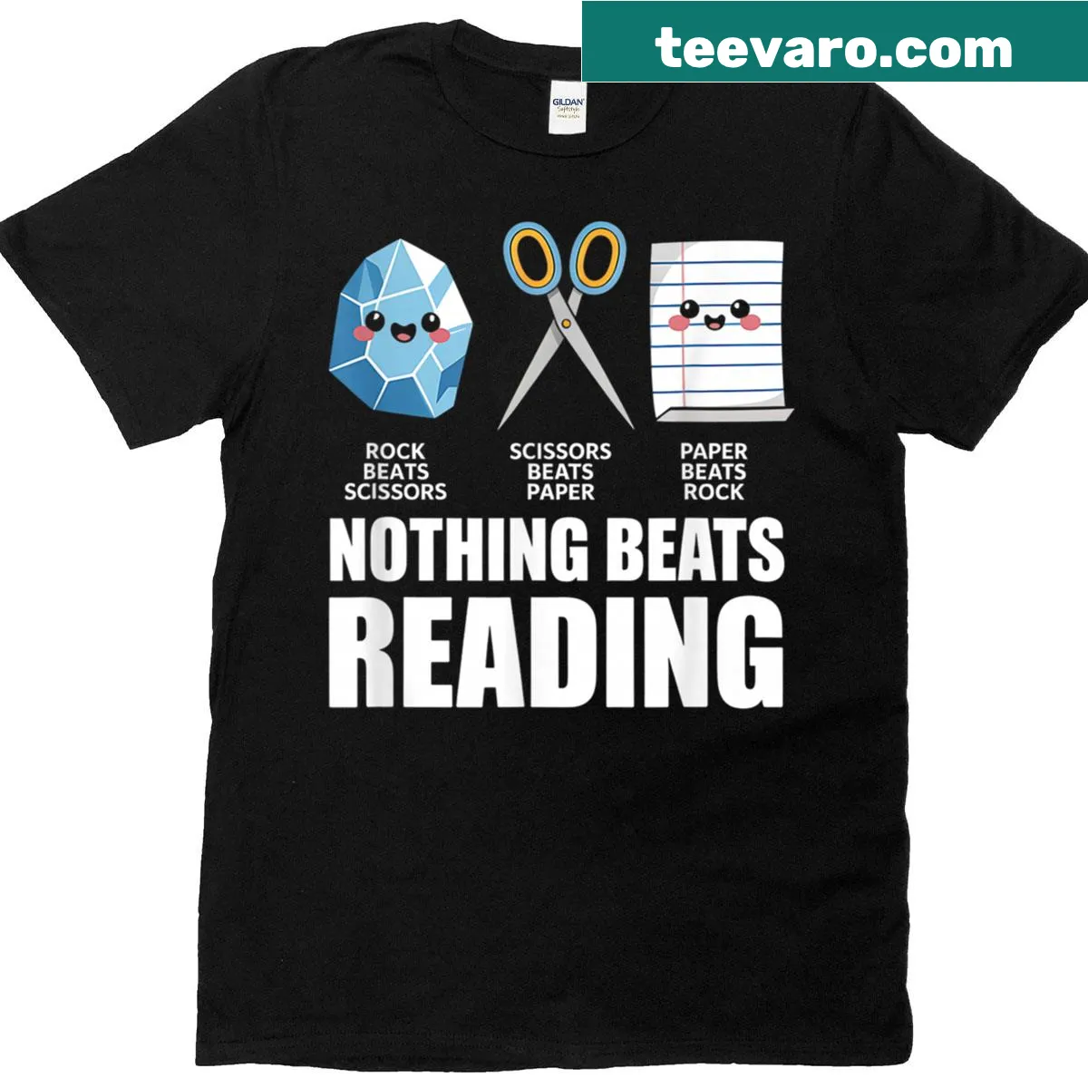 T-shirt with a humorous rock-paper-scissors reading quote. — on a men's t-shirt