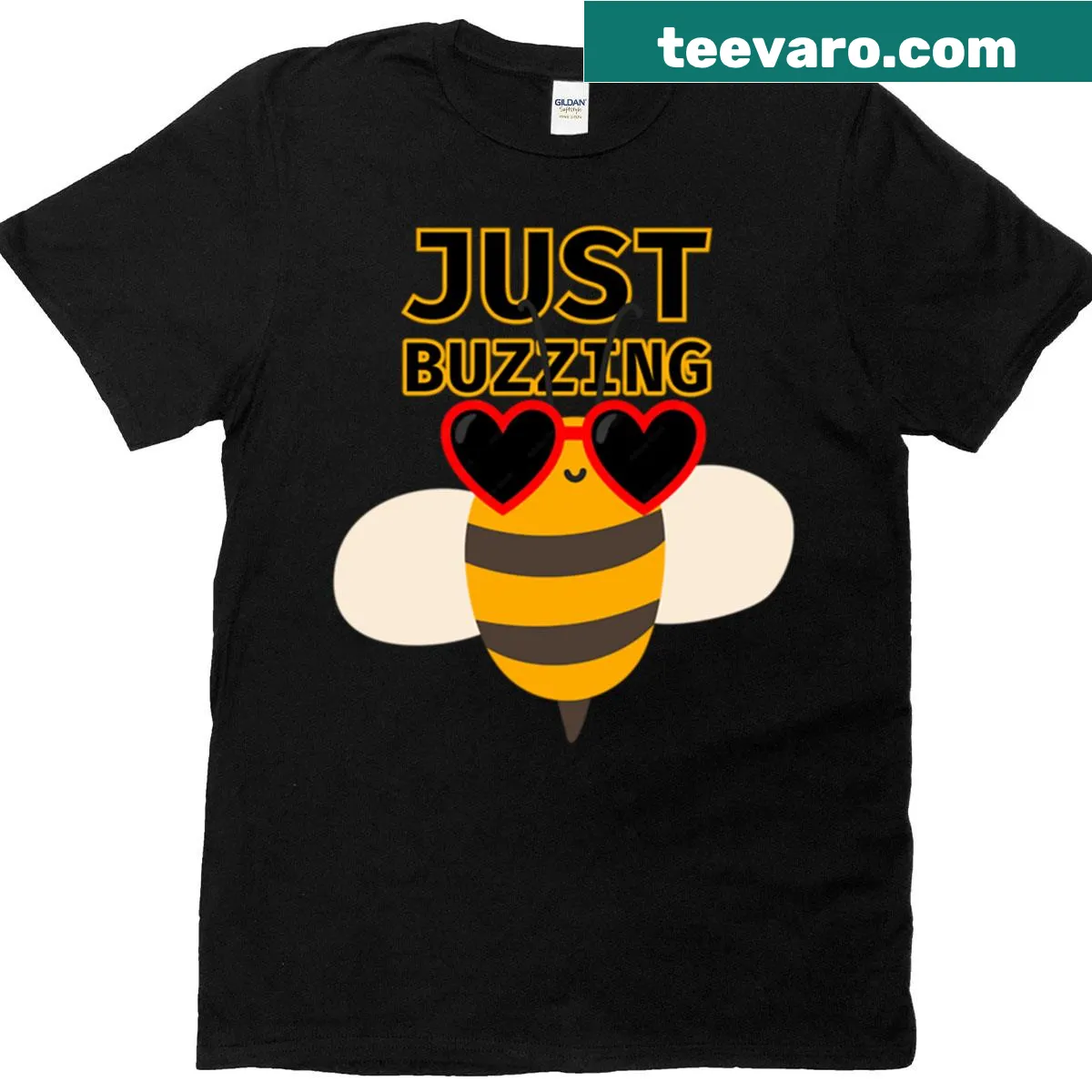 Oversized cartoon bee t-shirt with sunglasses and a playful expression — on a men's t-shirt