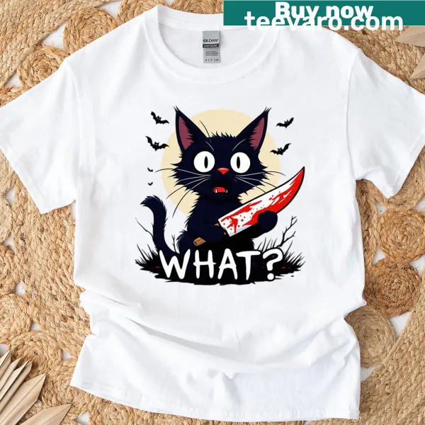 Oversized shirt with a cartoon black cat holding a knife.