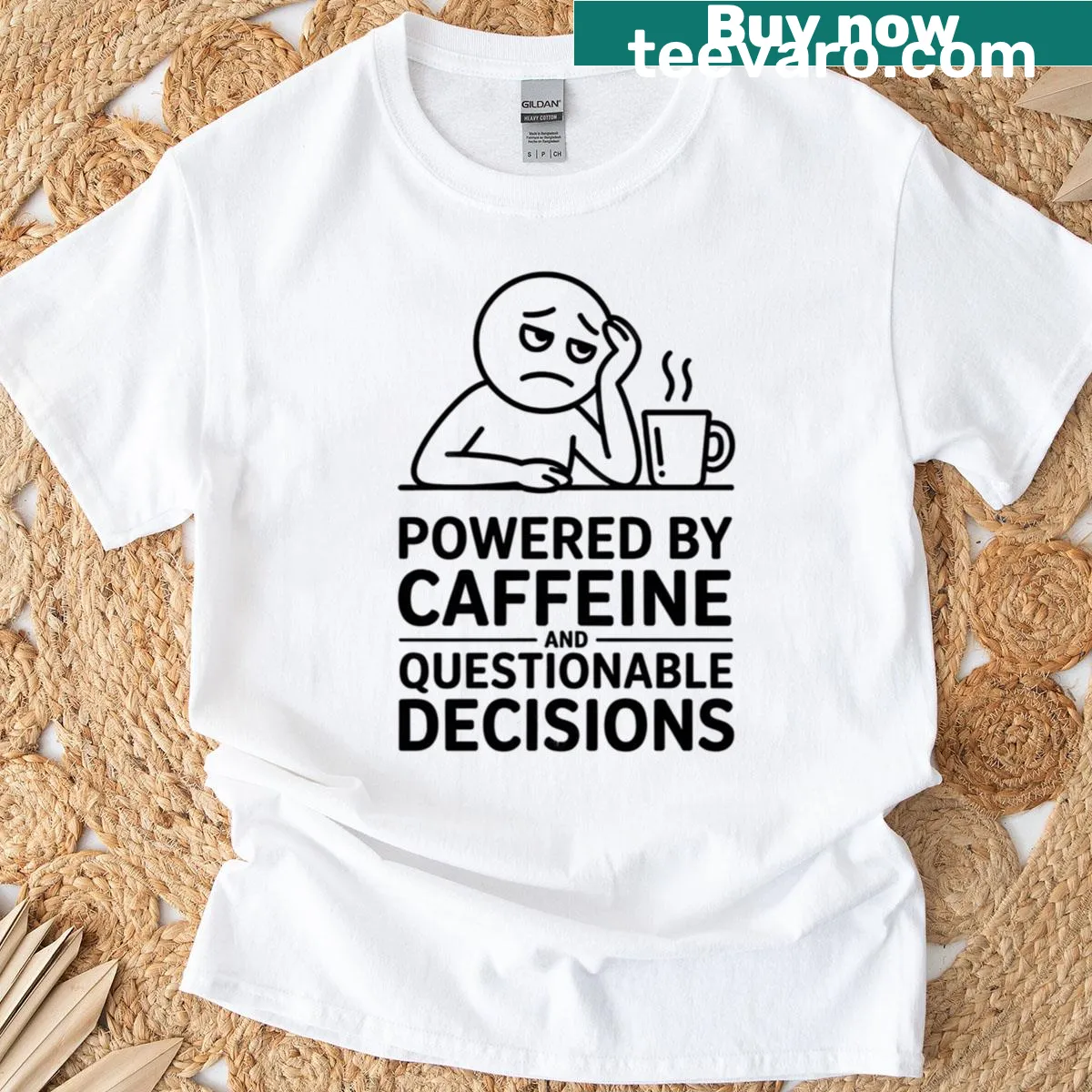 Minimalist coffee lover T-shirt featuring a funny caffeine quote — on a men's t-shirt