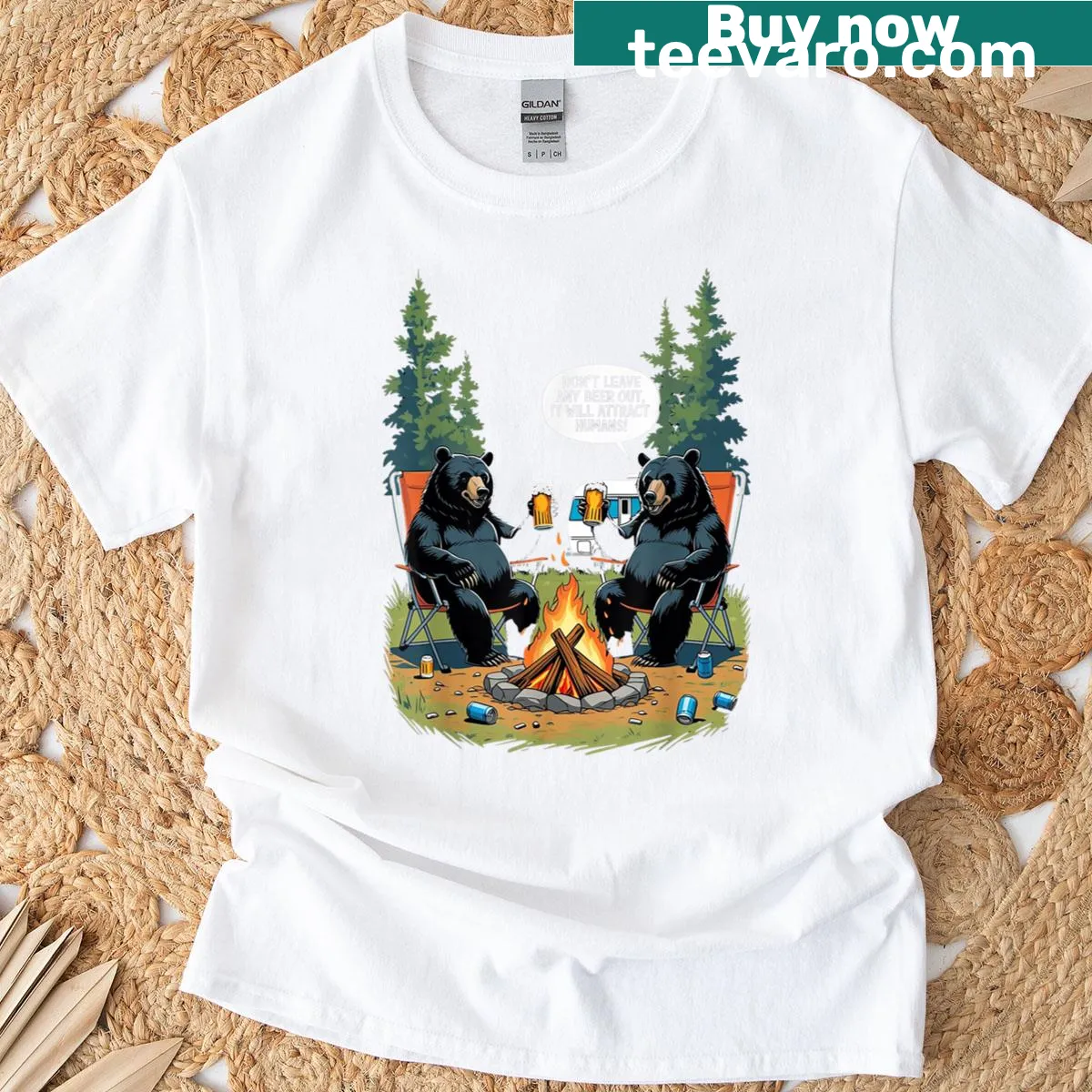 Vintage-style T-shirt depicting a black bear with beer and camping elements. — on a men's t-shirt