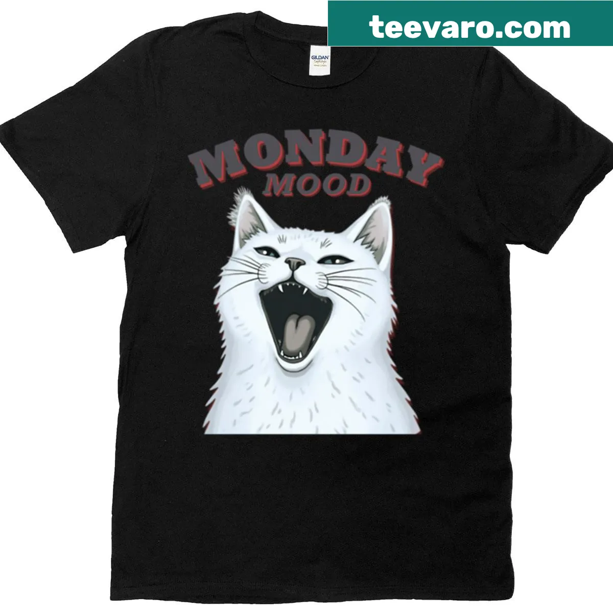 Funny cat meme graphic T-shirt for Monday mood — on a men's t-shirt