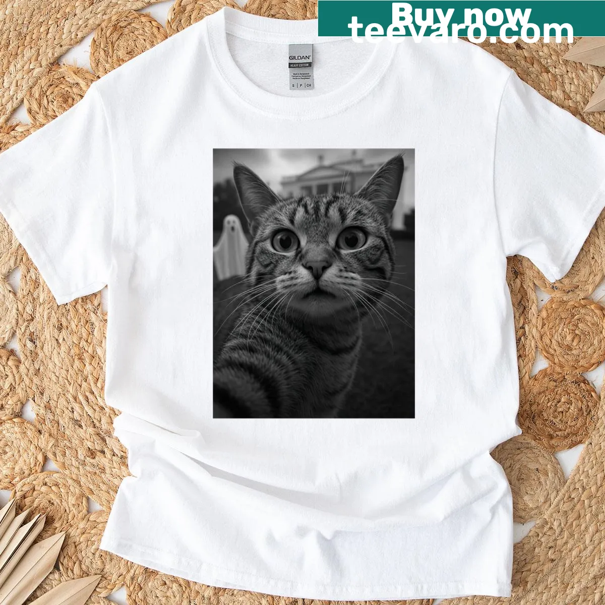 Whimsical ghost cat taking a selfie at the White House on a T-shirt. — on a men's t-shirt