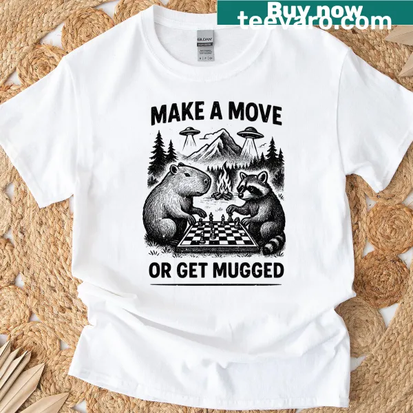 Cartoon of capybara and raccoon playing chess on a funny tee