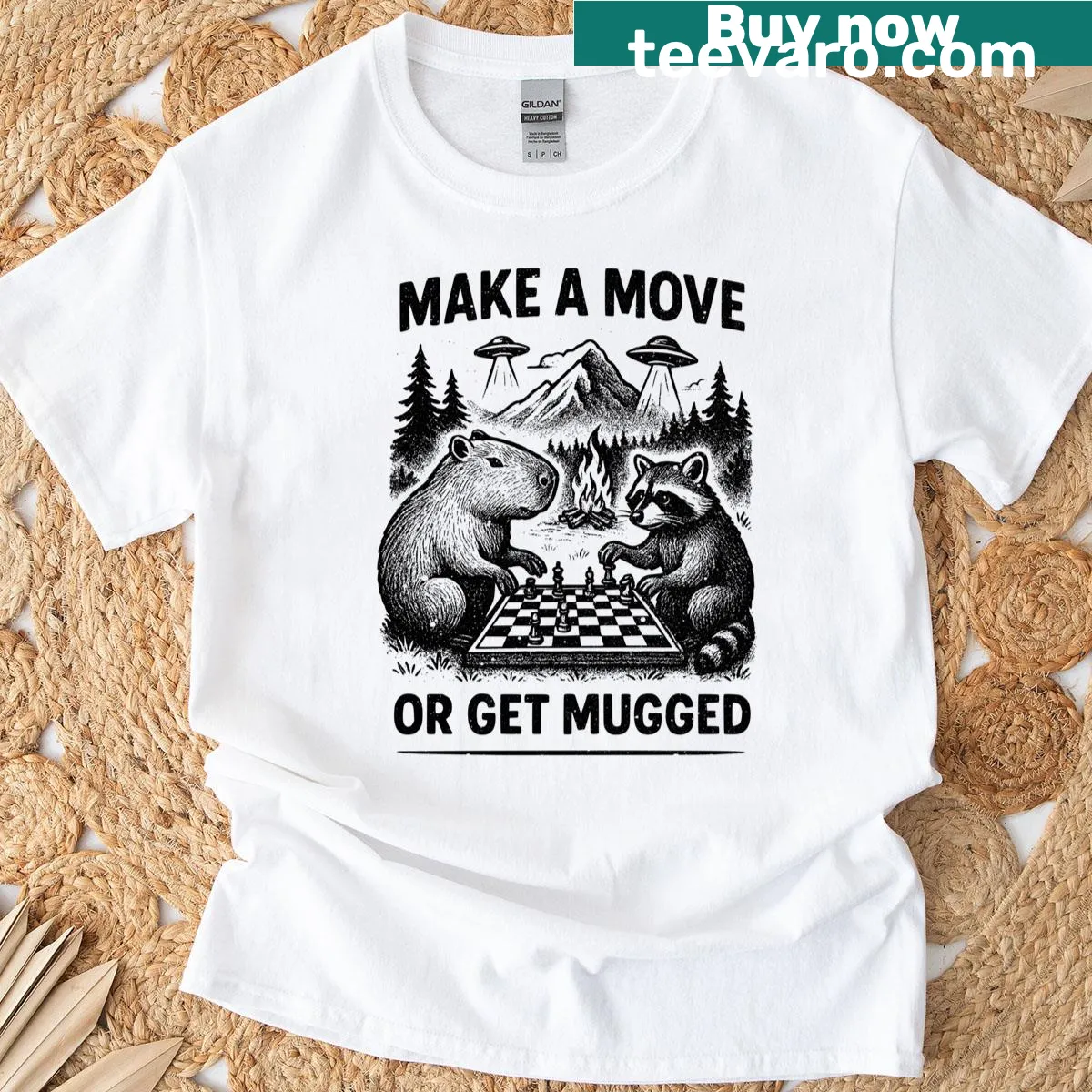 Cartoon of capybara and raccoon playing chess on a funny tee — on a men's t-shirt
