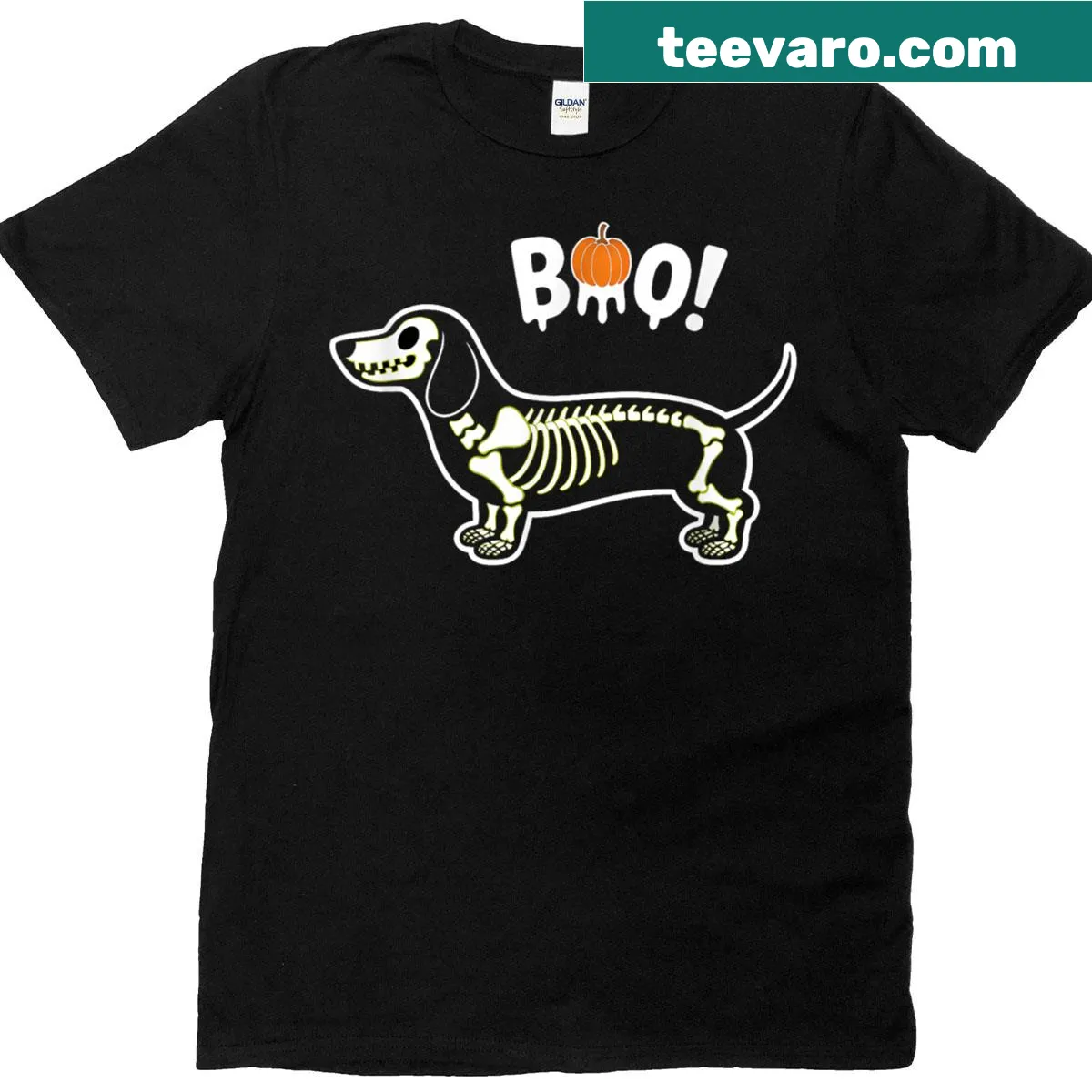 Cute dachshund skeleton graphic for Halloween t-shirt — on a men's t-shirt